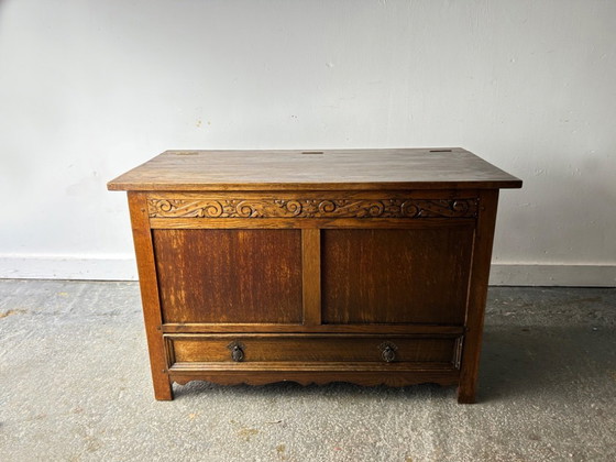 Early 20th Century Oak Blanket Box Mule Chest with Drawer Carved Jacobean Style, Storage cabinet, Metal, Wood (photo 8 of 9)