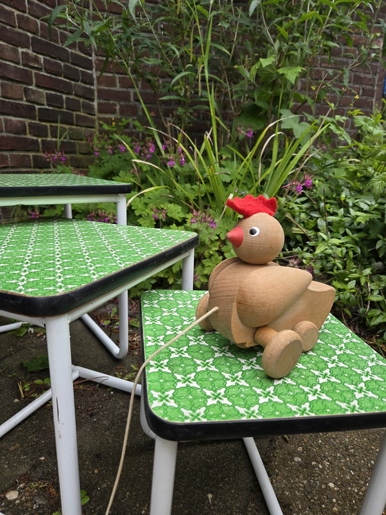 Image 1 of set of 3 vintage side tables green with sixties seventies pattern retro
