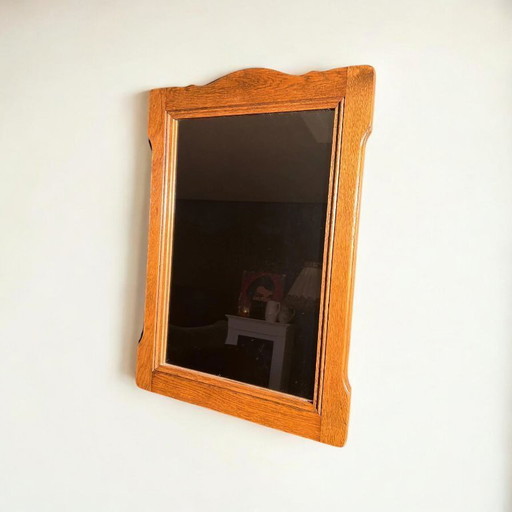 Original Mid - Century wall mirror with a rustic solid wood frame. Medium sized 1960s mirror.