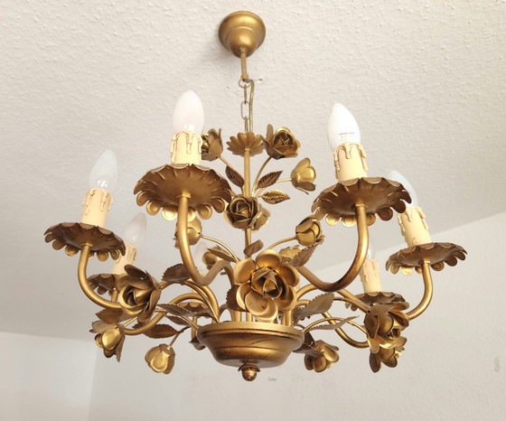 German Hollywood Regency Honsel chandelier, 8-arm, gold-plated, floral, 1970s – Metal (photo 3 of 15)
