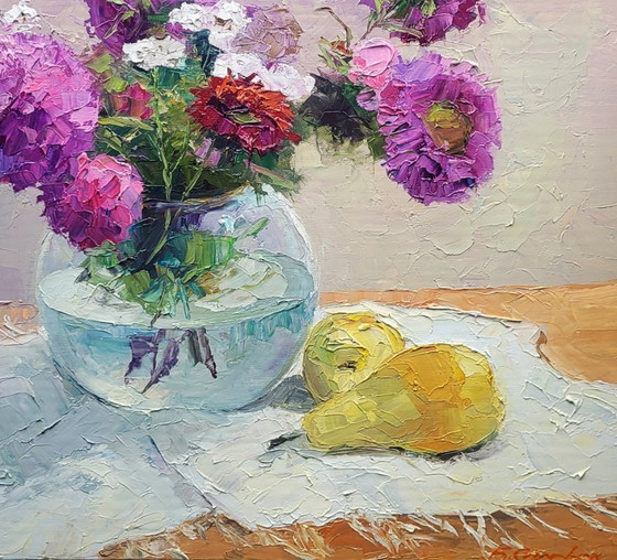 Image 1 of Peinture à l'huile originale Nature morte Asters dans un vase sur une table