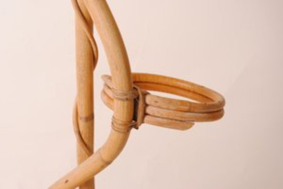 Image 1 of Handmade plant stand in varnished natural bamboo and rattan, 1950s