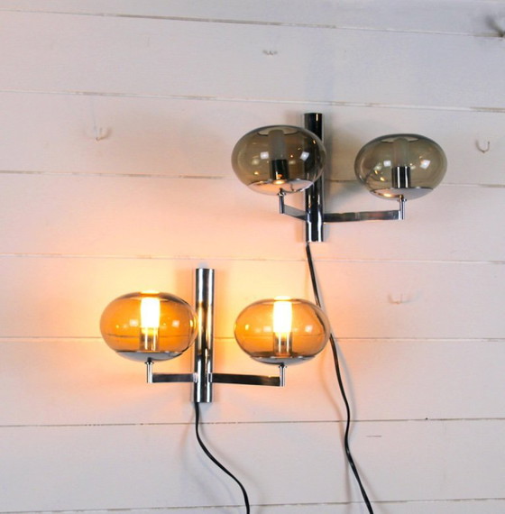 Image 1 of Sciolari Wandleuchten aus Rauchglas und Chrom – Italien, 1970er Jahre