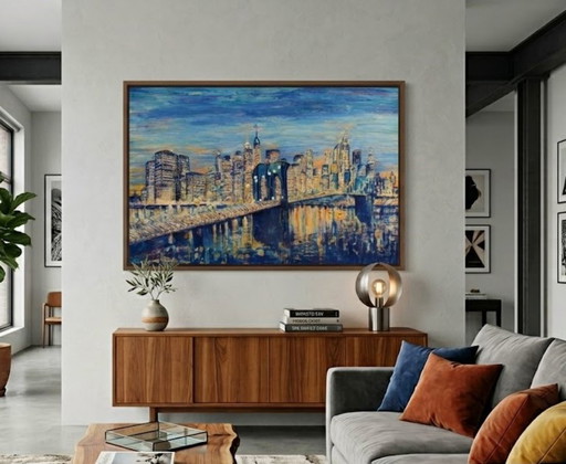 Contemporary acrylic painting, signed Zély. Brooklyn at dusk.