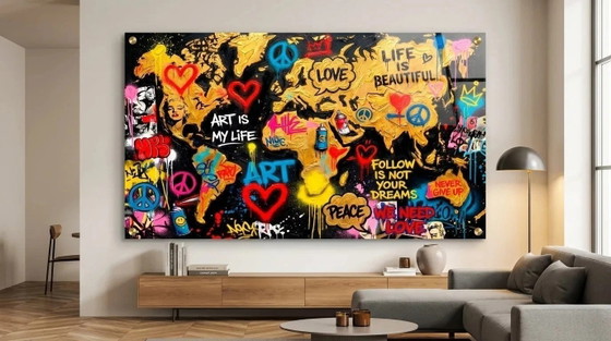 Mappa del mondo di lusso stampata su vetro acrilico – Banksy Street Art versione XXL 200 × 110 cm (photo 6 of 8)