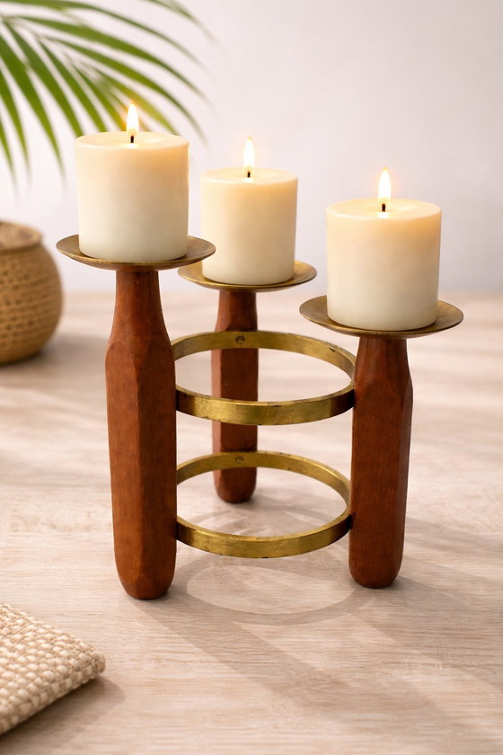 Image 1 of Mid-Century Teak & Brass 3-Light Candelabra – Danish Modern Style – 1960s