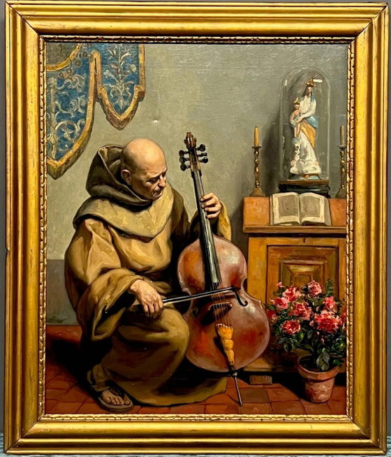 Schilderij gesigneerd met "Monnik die cello speelt". – Schilderijen & Tekeningen, Canvas (photo 2 of 8)