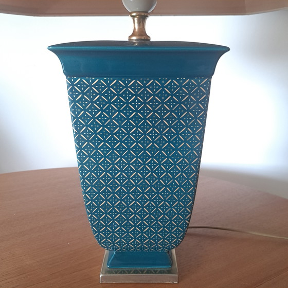 Viva Villa Pagoda Table Lamp 1970s – Teal Gold – French Hollywood Regency – Ceramic, Silk (photo 6 of 11)