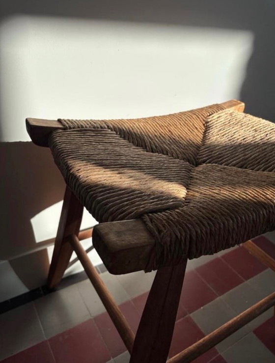 Image 1 of Vintage wooden stool with woven wicker seat - Brutalist/Mid-Century