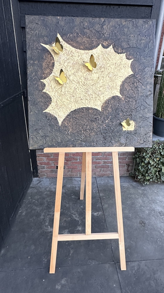 Image 1 of Acrylic painting on linen canvas, handmade brass butterflies