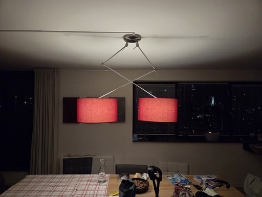 Modern Ceiling Light with Two Red Fabric Shades – plafondlampen, Metal, Textile (photo 2 of 5)