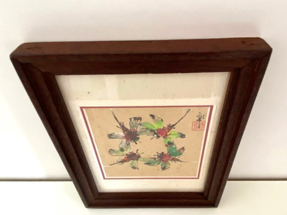 Image 1 of Dessin Aquarelle Polychrome Libellules Akitsu Dragonfly Japon 1950 Art Encadré