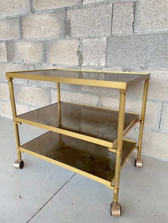 Image 1 of Vintage serving cart in gilded brass and glass on casters, 1960s-1970s