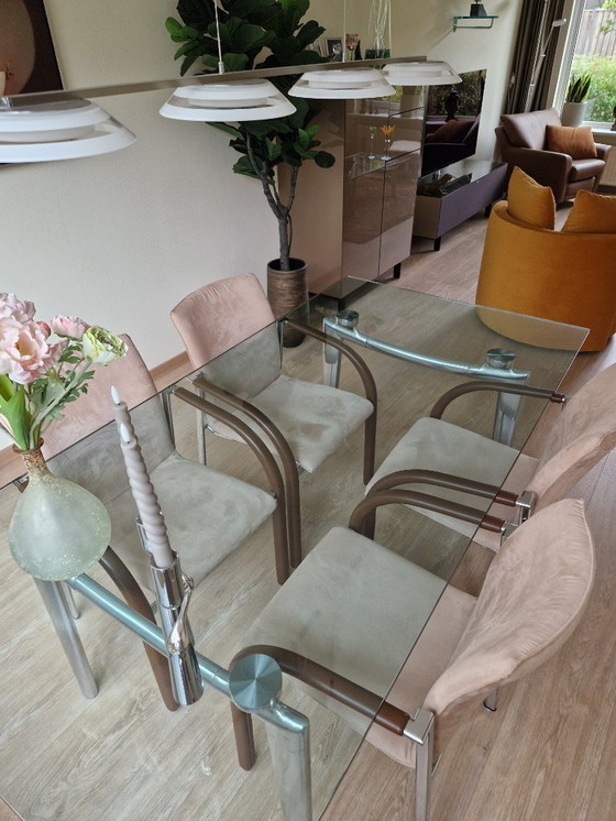 Image 1 of Leolux glass design tables in good condition. Chairs have been reupholstered in early 2024.
