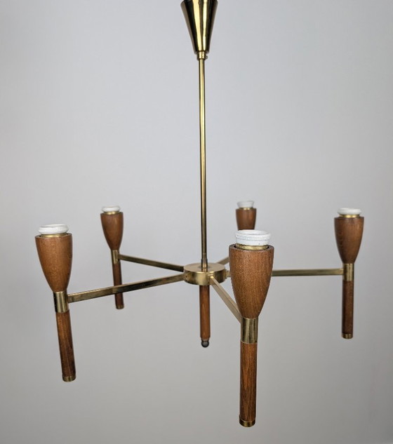 Image 1 of Danish Five-Arm Chandelier in Wood and Brass, 1950s
