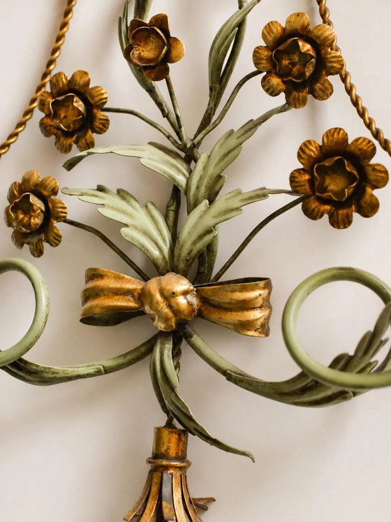 Vintage Italiaanse Florentijnse Wandkandelaar, Verguld IJzeren Bloemen Wandlamp, jaren 60 – Wandlampen (photo 3 of 10)