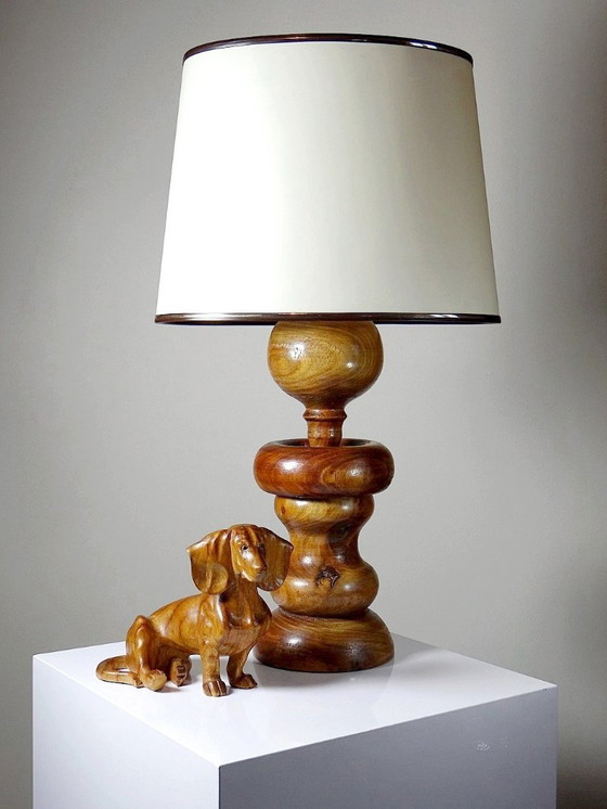 Image 1 of Impressive vintage Scandinavian style lamp, designed in carved turned wood with a ring