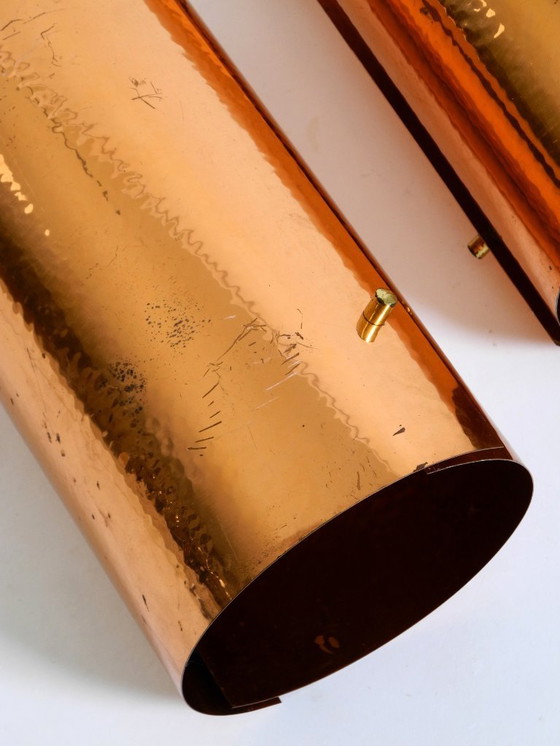 Image 1 of Two rare mid-century tube pendant lamps consisting of two screwed-together copper bowls