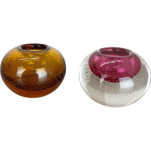 Paar vintage bruin en roze Murano glazen asbakken, Italië 1970