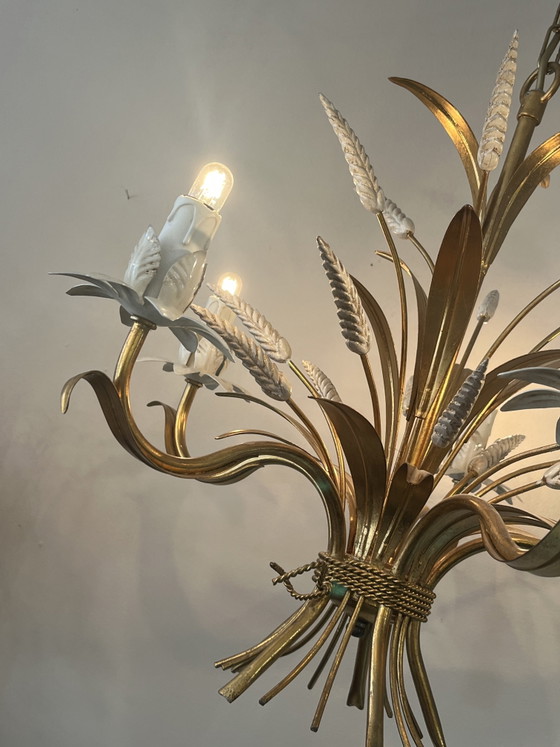 Image 1 of Vintage original design Hans Kögl chandelier pendant lamp gold wheat ears Coco Chanel style