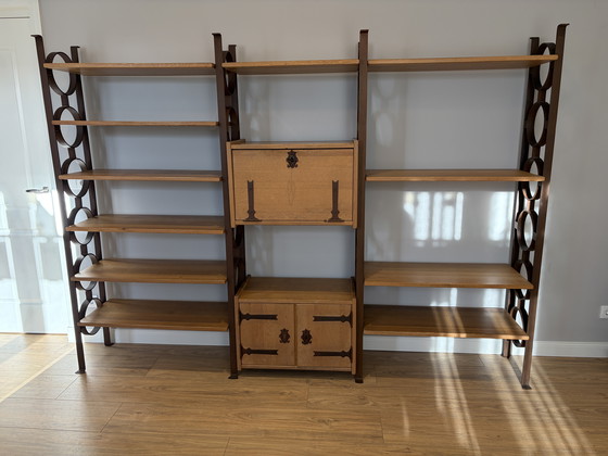 Image 1 of Oak with steel uprights cheese cabinet brutalist bookcase
