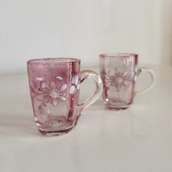 Image 1 of Antieke Franse Art Nouveau likeurset van roze iriserend glas, ca. 1900.