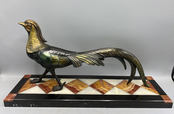 Image 1 of Grote Art Deco Fazant Beeld – Gepatineerd Spelter op Luxe Marmer – Franse 1930s Sculptuur – Wandeldecor / Verzamelobject 