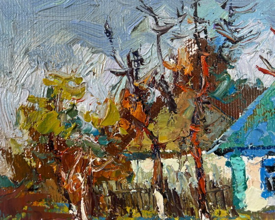 Image 1 of Original Oil Painting Spring Village Landscape Cold March days