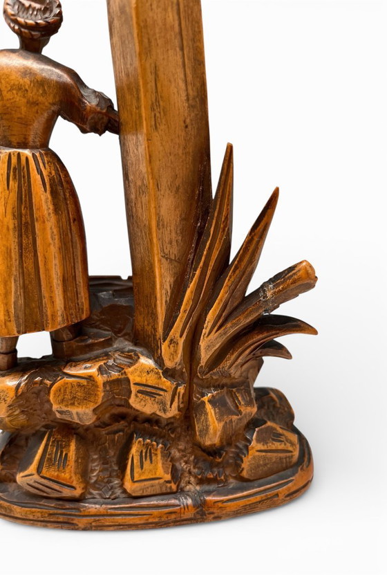 Image 1 of Antique Black Forest thermometer – Hand-carved wood carving with female sculpture (c. 1880–1920)