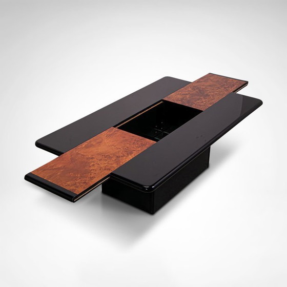 Image 1 of Black lacquered and burl wood coffee table with bar France 1980s