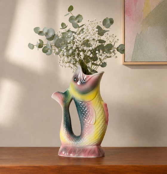 Image 1 of Large antique French zoomorphic polychrome fish vase in earthenware