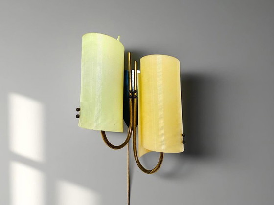 Image 1 of Applique a doppia luce beige e verde di metà secolo moderno con cavo di trazione, anni '70