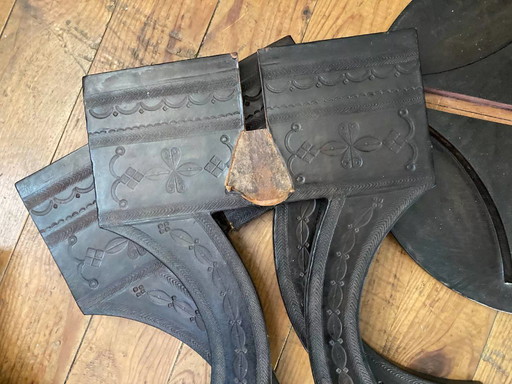 Two Tuareg side tables in wood and embossed leather