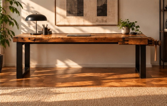 One-of-a-Kind Designer Desk | 100-Year-Old Carpenter’s Workbench | Solid Wood & Epoxy Resin – Consoles (photo 2 of 5)