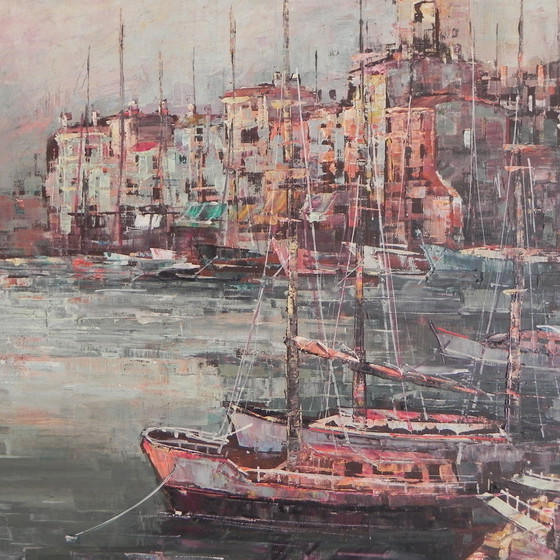 Image 1 of Peinture d'un paysage urbain avec un port, Harry Dedic, années 1960