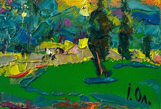 Image 1 of Original Oil Painting Summer Houses Landscape On A Walk In The City