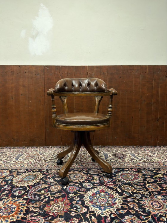 Antique English Chesterfield Office Chair – Leather, Wood (photo 2 of 7)