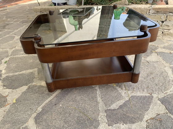 Image 1 of Vintage 1970s Coffee Table - Smoked Glass and Curved Wood with Double Shelf - 66x66x37 cm
