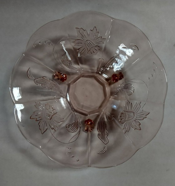 Image 1 of ciotola in vetro rosa con motivo floreale