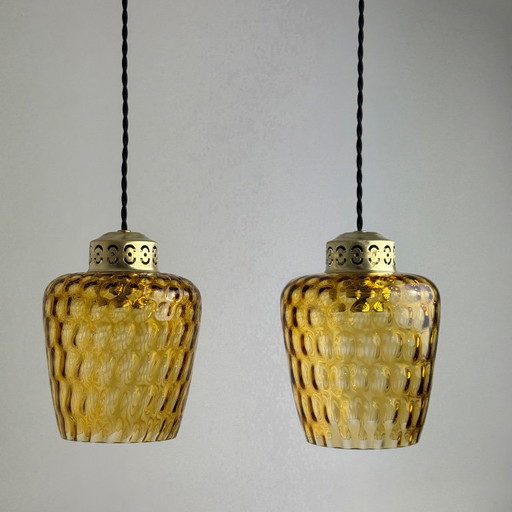 PAIR OF VINTAGE AMBER TEXTURED GLASS PENDANT LAMPS