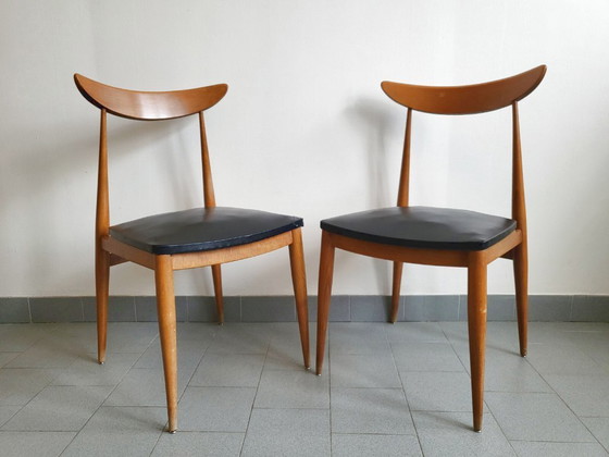 Image 1 of SET VAN 4 VINTAGE SCANDINAVISCHE STOELEN JAREN 60 BEUKEN ZWART SKAI 60S 1960S 60s