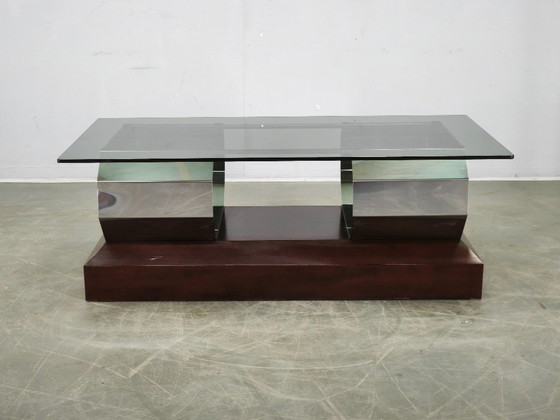 Table basse italienne en chrome, verre fumé et bois, années 70, style Willy Rizzo – Tables basses, Wood (photo 8 of 13)