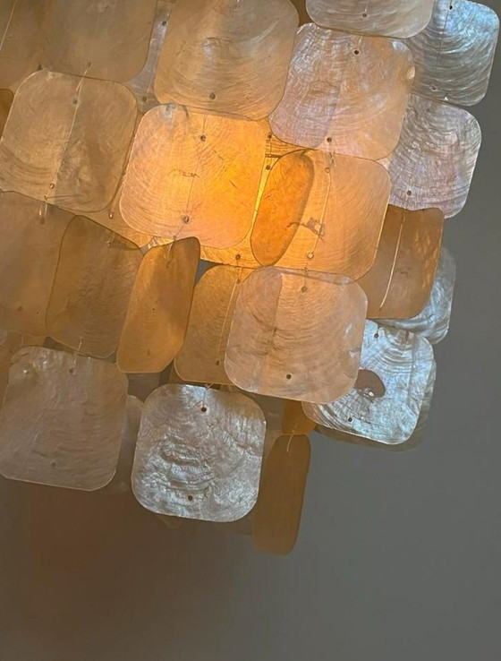 Image 1 of Lot de 2 lampes suspendues Capiz Shell Perle de coquillage Cadre en bambou Câblage blanc