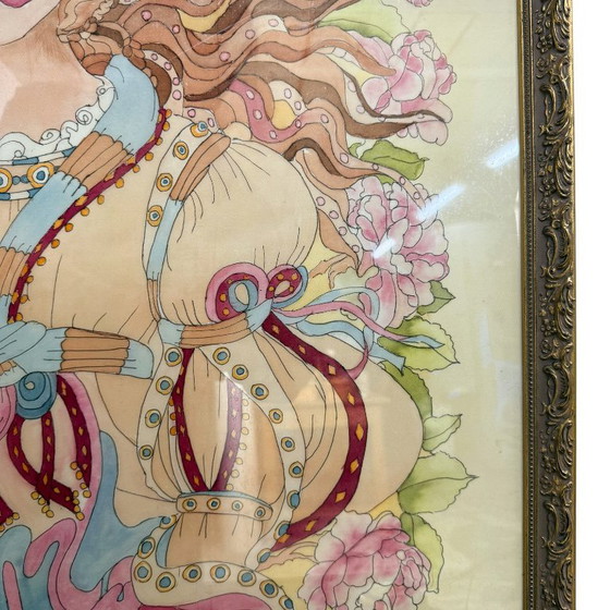 Seidengemälde im Jugendstil einer Frau mit Blumen, Gemälde & Zeichnungen, Papier, Holz, Mehrfarbig (Foto 6 von 13)