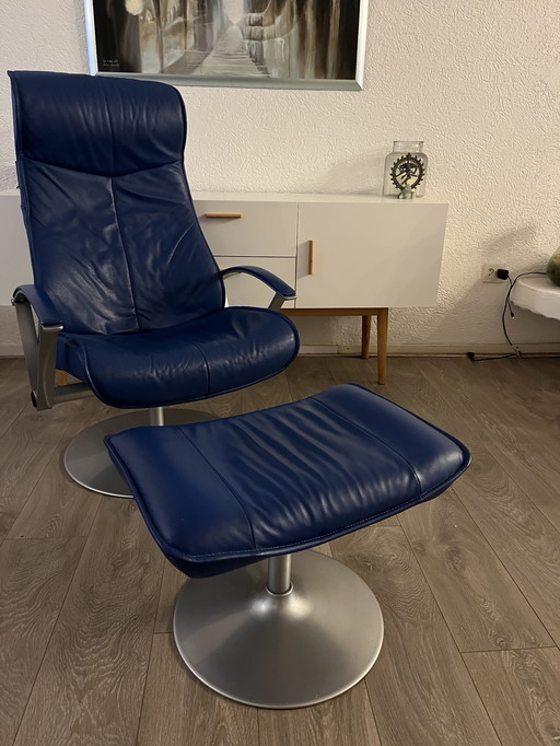 Poltrona relax - blu scuro - vera pelle - regolabile - girevole - design moderno - Kebe - scandinavo