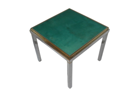 Willy Rizzo Backgammon Spieltisch, Beistelltische, Metall, Leder, Silber, Art Deco (Foto 2 von 12)
