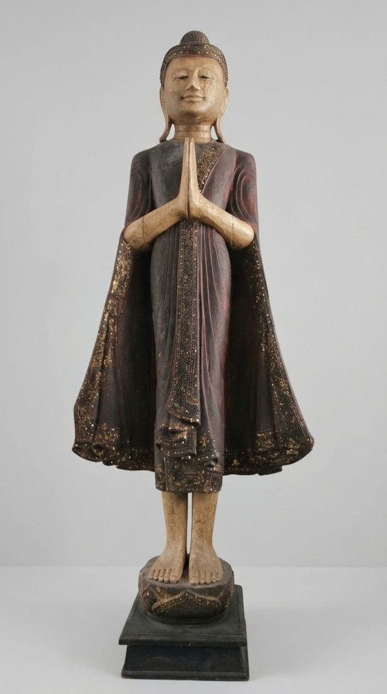 Monumental Old Burmese Mandalay Buddha Teak Wood 177 cm, Decorative Objects, Multi Color (photo 4 of 14)