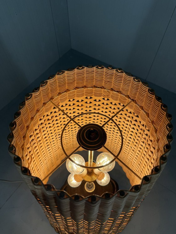 Image 1 of Large pottery floor lamp with rattan shade 1960's