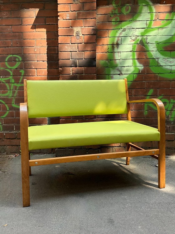 Panca vintage in legno di faggio | Vera pelle verde pistacchio e madreperla – Panche, Wood, Leather (photo 4 of 10)