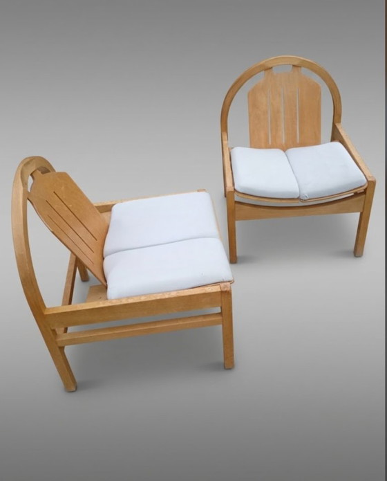 Pair of Baumann Argos lounge Armchairs, Wood, Textile, Brown, Vintage (photo 5 of 9)
